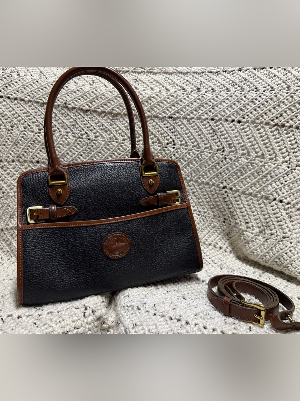Vintage Dooney & Bourke Black Buckle Satchel with Brown Trim